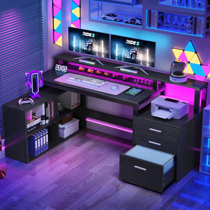 Black L-Shaped Desk with 3 Drawers & LED Lights