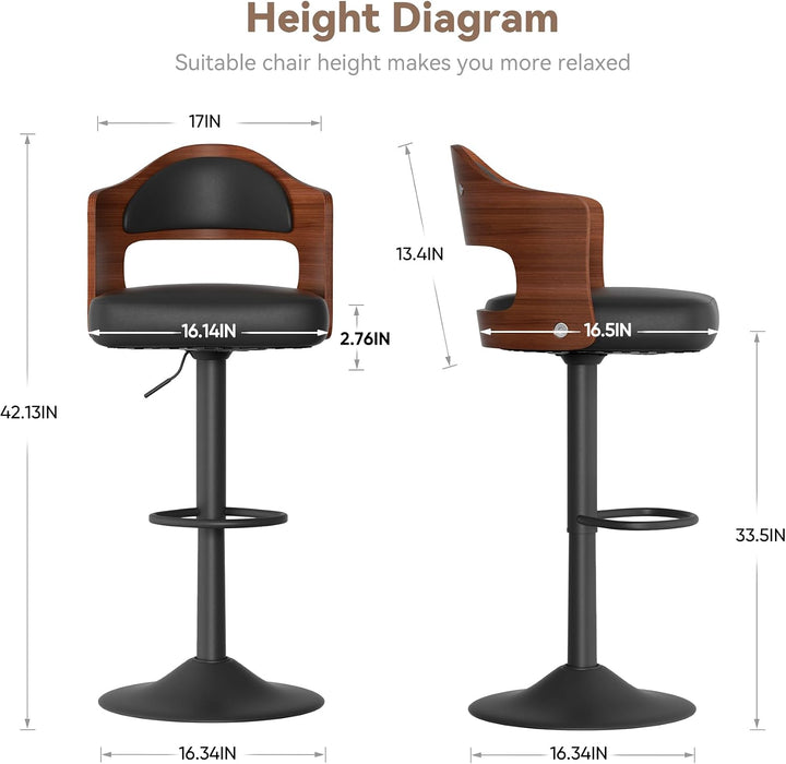 Modern Swivel Bar Stools Set of 2, Wooden Upholstered PU Leather Barstools with Back & Footrest, Counter Height Bar Chairs for Kitchen Island, Black