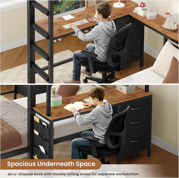 Black Industrial Twin Bunk Bed Desk BuiltInStorageDrawers