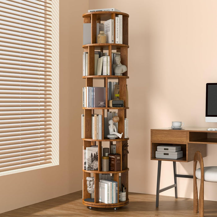 Walnut ThreeSixty Degree Rotating Bookcase On Wheels