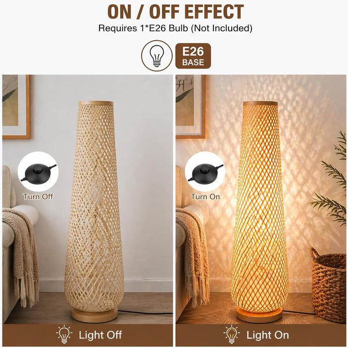 -Farmhouse Style Bamboo Floor Lamp,Large Wicker Indoor Floor Light,Boho Standing Light Plug In,Modern Minimalist Standing Lamp for Living Room Bedroom
