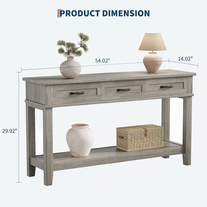 Grey Console Table with 3 Drawers & Open Storage Shelf – 2-Tier Entryway Sofa Table – Suits Living Room, Hallway, Foyer, or behind Couch – Color: Grey