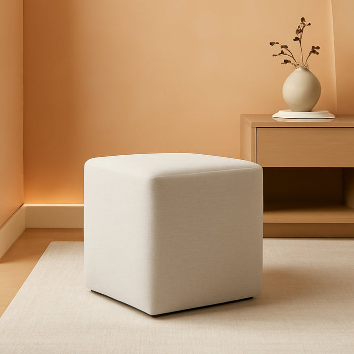 Callum 17 Inch Square Ottoman in Ivory Fabric - Woven Heathered Fabric - Upholstered Ottoman for Living Room, Ottoman Side Table, Vanity Seat - Accent Table or Footrest Ottoman