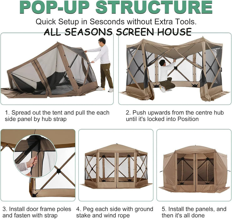 12X12 Pop up Canopy Gazebo, Outdoor Canopy Tent Screen House with 6 Sidewalls and Netting for Camping, Waterproof, UV Resistant, Ez Set-Up Party Tent with Carrying Bag and Ground Stakes,Khaki