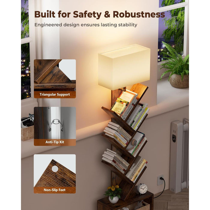 6 Tier Tree Bookshelf with Light, Narrow Bookcase Tower, Tall Floor Standing Book Organizer with Storage Cabinet for Living Room, Bedroom and Home Office, Rustic Brown