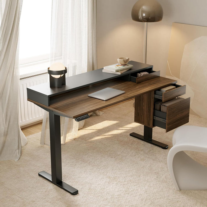 Standing Desk with Drawers and File Cabinet, 47 Inch Electric Height Adjustable Desk with Storage, Ergonomic Stand up Table Compatible with Monitor Stand, Black Walnut