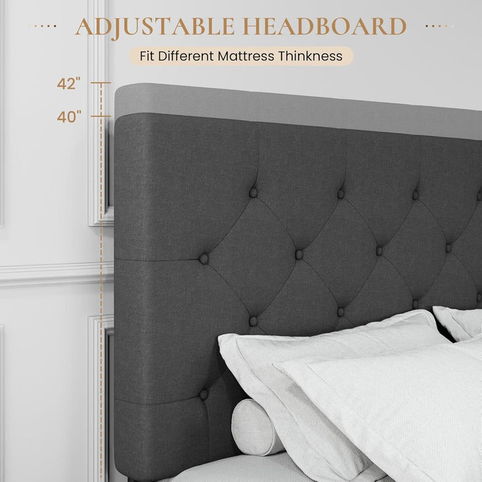 Upholstered Queen Size Platform Bed Frame with 4 Storage Drawers, Adjustable Headboard with Diamond Stitched Button Tufted Design, Wooden Slat Support, No Box Spring Needed, Dark Grey