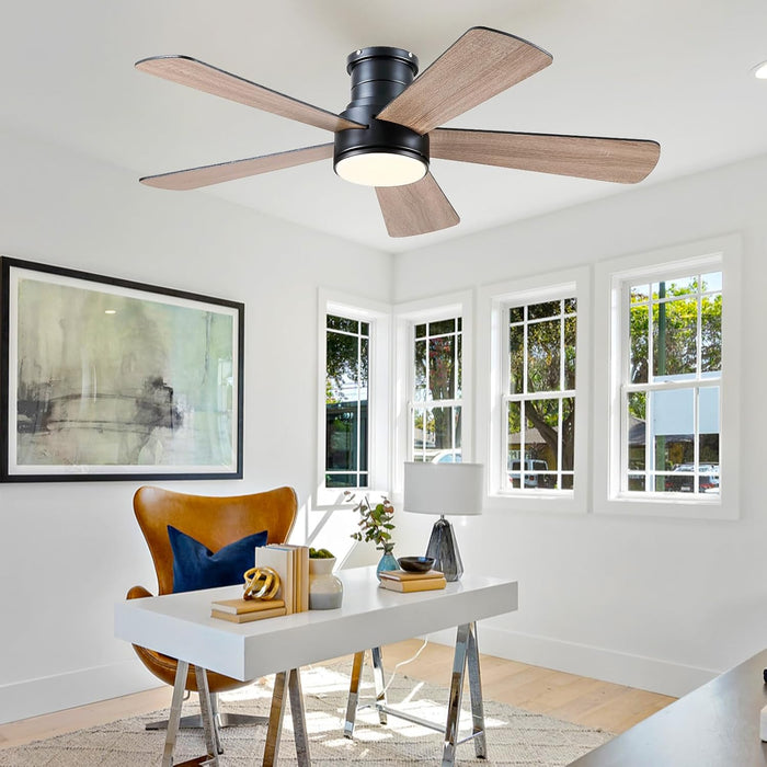 Low Profile Ceiling Fan with Light and Remote Control,46" Modern Flush Mount Black Ceiling Fan, 5 Dual-Sided Blades, Energy Efficient DC Motor, Reversible for Bedroom, Living Room, Indoor/Outdoor Use