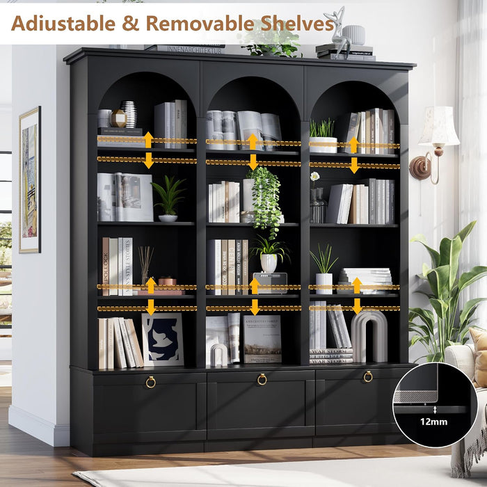 71" Tall Triple Wide Bookshelf with Doors, 5-Tier Large Arched Bookcase | with Cabinets, Modern Bookcases with 15 Storage Shelves, Wood Book Shelf for Living Room, Home Office, Black