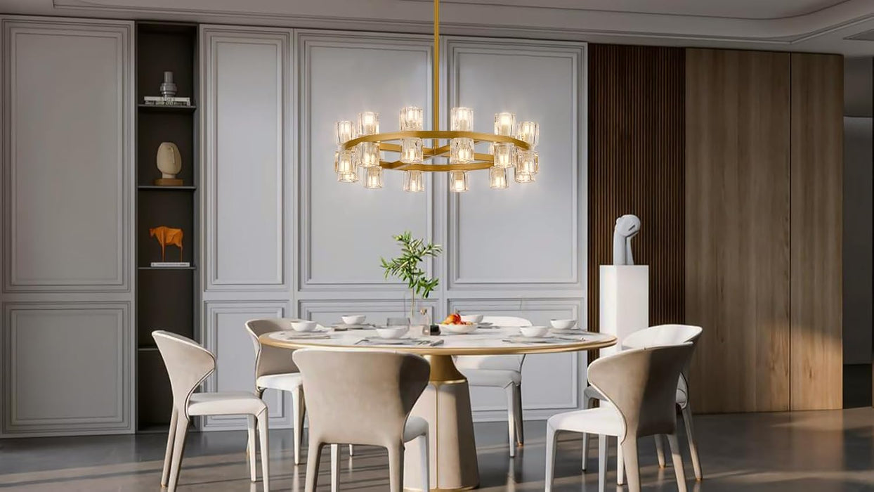 Modern 24 Inch Gold Crystal Wagon Wheel Chandelier, Large round 24-Light Pendant Lighting Fixture, Adjustable Height for High Ceilings Living Room, Dining Room, Foyer, Entryways (Gold-24In)