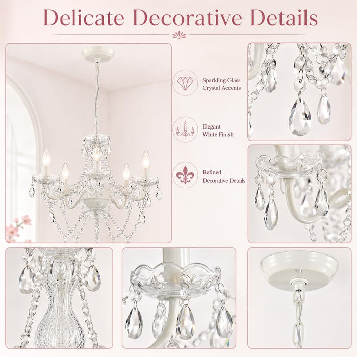 Small White 5-Light Crystal Chandelier, Modern Glass Chandelier Lighting Fixture, Small Chandelier for Bedroom, Dining Room, Living Room, Kitchen, Foyer, Girls Room Ceiling Light