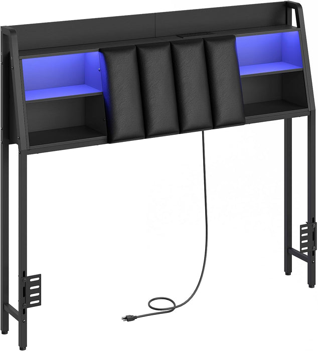 Upholstered Headboard Full Size with Storage, Headboard with Charging Station and LED Light Strip, Padded Backrest and Open Storage Shelf, Metal Frame Adapter, for Full Bed Frames, Black