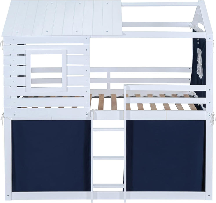 Twin Size BlueAndWhite Reinforced Pinewood Bunk Bed