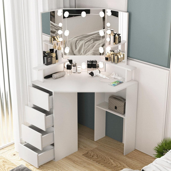 Corner Vanity Desk with Lighted Mirror & Power Strip,White Makeup Vanity Table with Lights,42 Inch Corner Vanity Mirror with Lights and 4 Drawer, 3 Lighting Modes, Brightness Adjustable