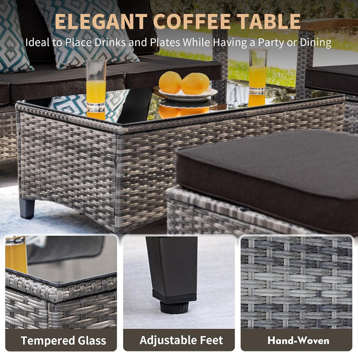 10 Pieces Patio Furniture Sets,Wicker Patio Conversation Sets with 4 Wood Armrests Swivel Glide Chairs, 2 Ottoman, 3-Seat Sofa and Coffee Table (Black)