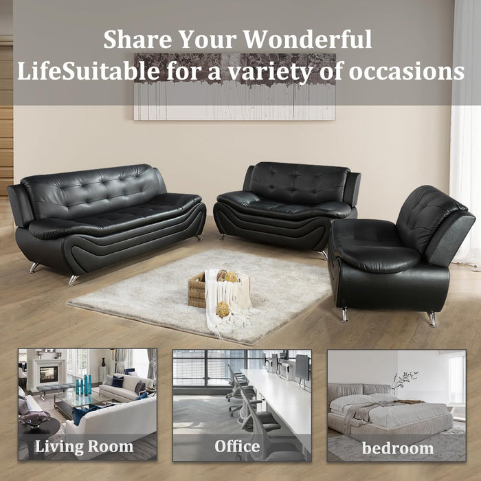 3 Piece Living Room Furniture Set, Leather Sofa Set for Living Room, Modern Couch Set with 3-Seater Sofa, Lovesat and Armchair (Black 1)