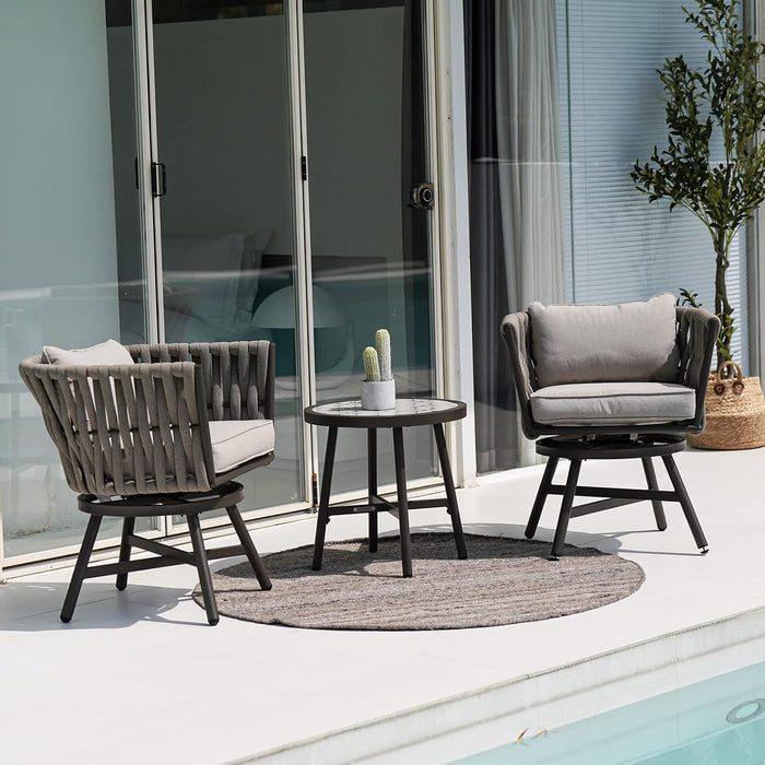 Dining Chair Set of 3, Swivel Rope Armchairs with Cushions and round Side Table with Tile Tabletop, Wicker, Indoor Outdoor Modern Style, Backyard, Balcony, Gray