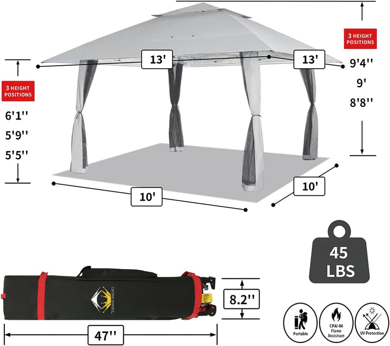 13X13 Pop up Gazebo, Patented One Push Outoor Canopy Tent with Wheeled Sto-N-Go Cover Bag, Pop up Canopy with Netting for Patio, Party, Backyard (13X13, Grey)