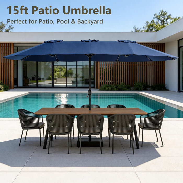 15FT Patio Umbrella, Double-Sided Outdoor Umbrella with Base Included, Large Standing Umbrella with Crank Handle & Ventilation, Rectangular Patio Umbrella for Pool, Backyard, Deck, Lawn & Beach