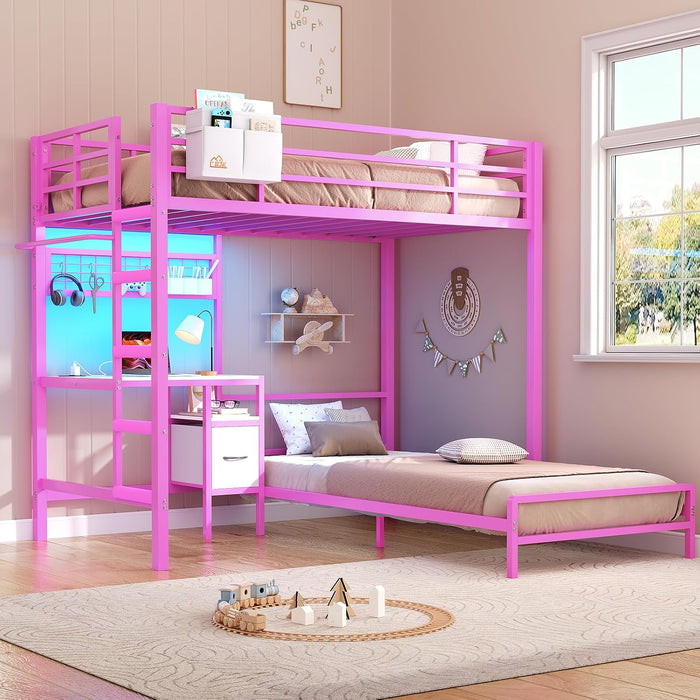 Bunk Bed Twin over Twin with Desk and Storage Metal L-Shaped Bunk Beds with Led Lights & Charging Station,Pink Bunk Beds for Kids with Safety Guardrail and Ladder,Girls Bed,No Box Spring Needed