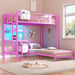 Bunk Bed Twin over Twin with Desk and Storage Metal L-Shaped Bunk Beds with Led Lights & Charging Station,Pink Bunk Beds for Kids with Safety Guardrail and Ladder,Girls Bed,No Box Spring Needed