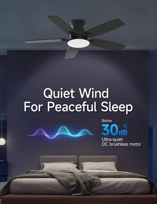 Flush Mount Ceiling Fan with Light, 42 Inch, Remote Control, 3CCT Dimmable LED, 6-Speed Silent Reversible DC Motor, Low Profile Hugger Ceiling Fan for Indoor/Outdoor 90-264V 50/60Hz Matte Black