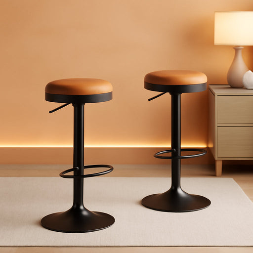 Modern Swivel Bar Stools Set of 2 Adjustable Counter Height Backless Barstools with Metal Base Leather Upholstered round Bar Stool Chairs for Kitchen Island/Pub/Breakfast Bar, Brown