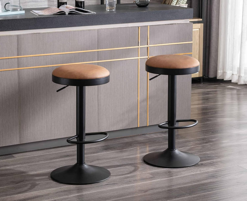 Modern Swivel Bar Stools Set of 2 Adjustable Counter Height Backless Barstools with Metal Base Leather Upholstered round Bar Stool Chairs for Kitchen Island/Pub/Breakfast Bar, Brown