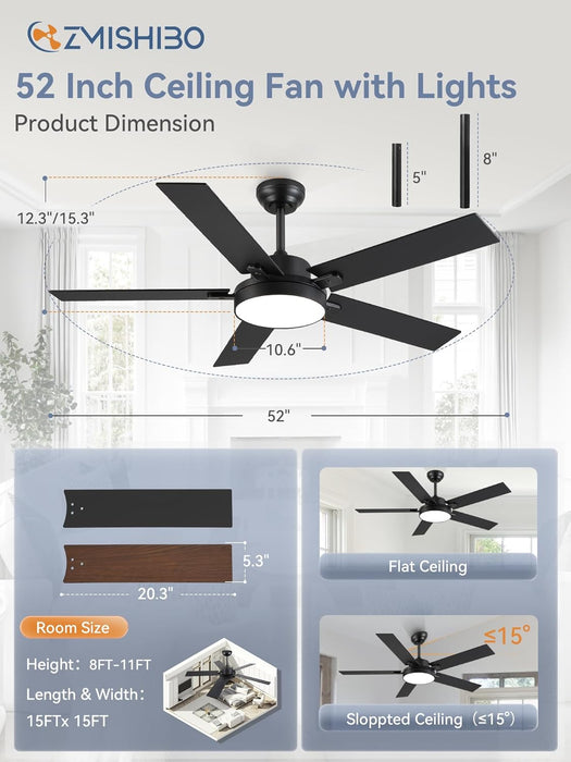 52 Inch Ceiling Fans with Lights, Smart Remote/App Control, Modern Ceiling Fan with 6 Speeds & 3CCT, Dimmable 30W LED, Quiet DC Motor, Noiseless for Living Room, Bedroom, Kitchen, Black
