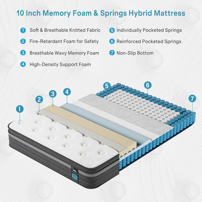 Queen Mattress 10 Inch Hybrid Mattress in a Box, Medium Firm Queen Size Bed Mattresses with Zoned Support, Memory Foam and Pocket Springs for Motion Isolation&Pressure Relief, Certipur-Us