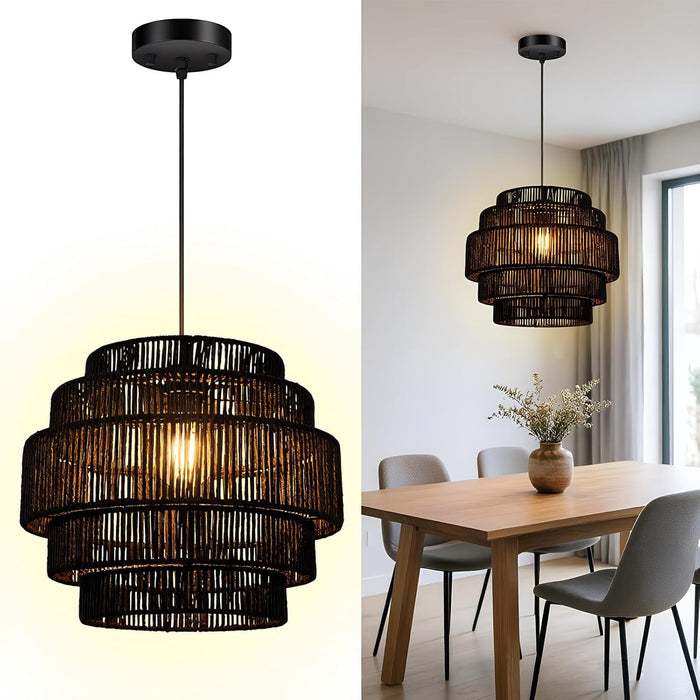 Black Boho Rattan Chandelier With Handwoven Shades