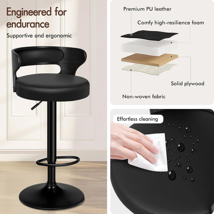 Bar Stools Set of 2, Adjustable Swivel Bar Chairs with Faux Leather Upholstery, Counter Height and Wooden Backrest for Kitchen Islands, Black