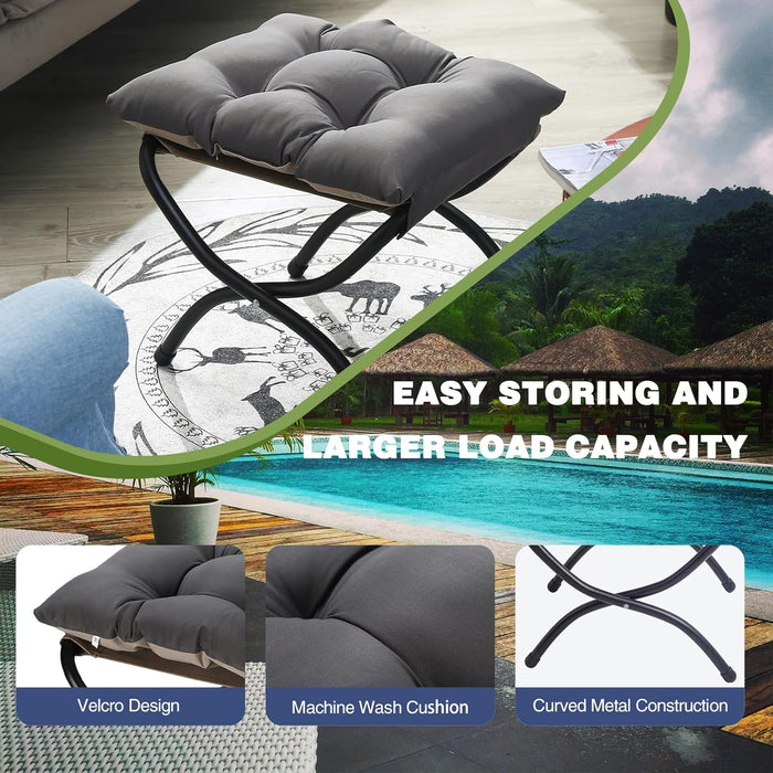 15" Foldable Foot Stool Ottoman with Metal Frame - Washable Dark Grey Upholstered Indoor/Outdoor Footrest for Living Room, Bedroom, Patio - Space-Saving Compact Design