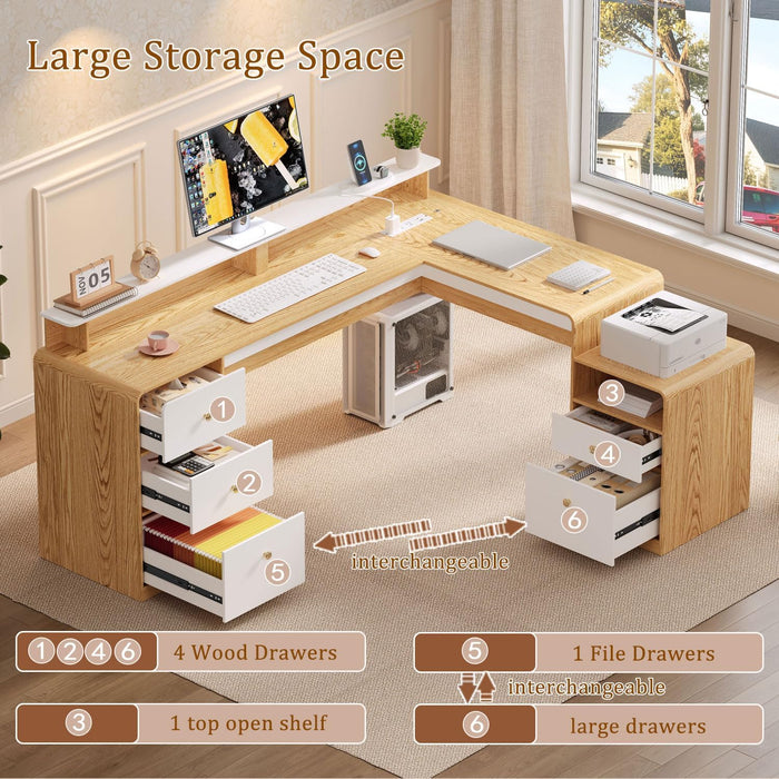 66" Farmhouse L Shaped Desk with 5 Drawers & File Drawers for Home Office