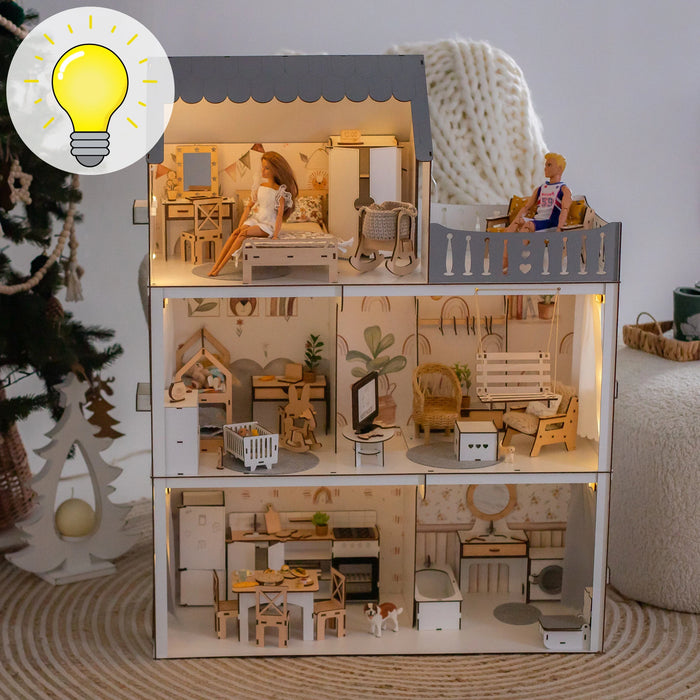 Handcrafted White Dollhouse with Swing and Balcony - Personalizable Playhouse for Endless Imagination