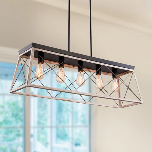 5-Light Farmhouse Chandelier for Kitchen Island, Rustic Rectangular Flush Mount Ceiling Light Fixture for Living&Dining Room, Height Adjustable Metal Pendant Lighting for Bedroom Hallway