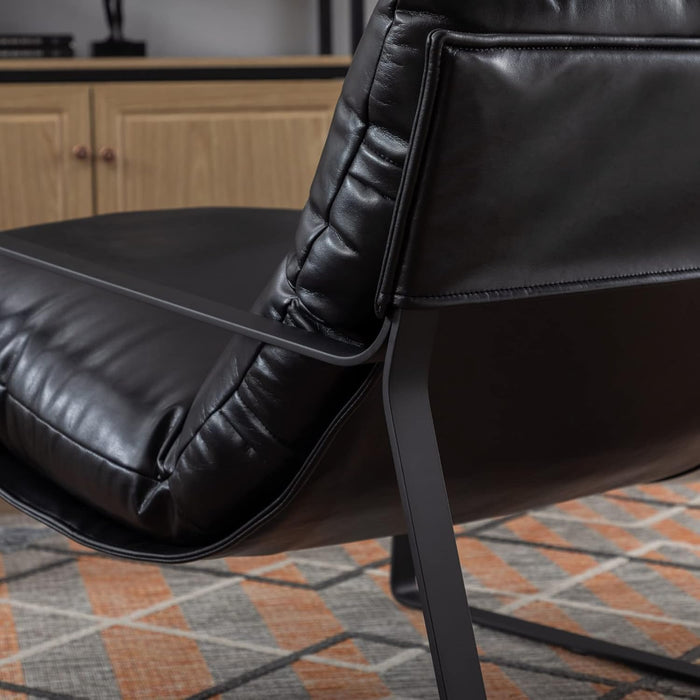 Mid-Century Accent Chair, Comfy PU Leather Side Chair with Armrest, Upholstered Leisure Chair with Black Metal Frame for Living Room Bedroom Reception Room, Black