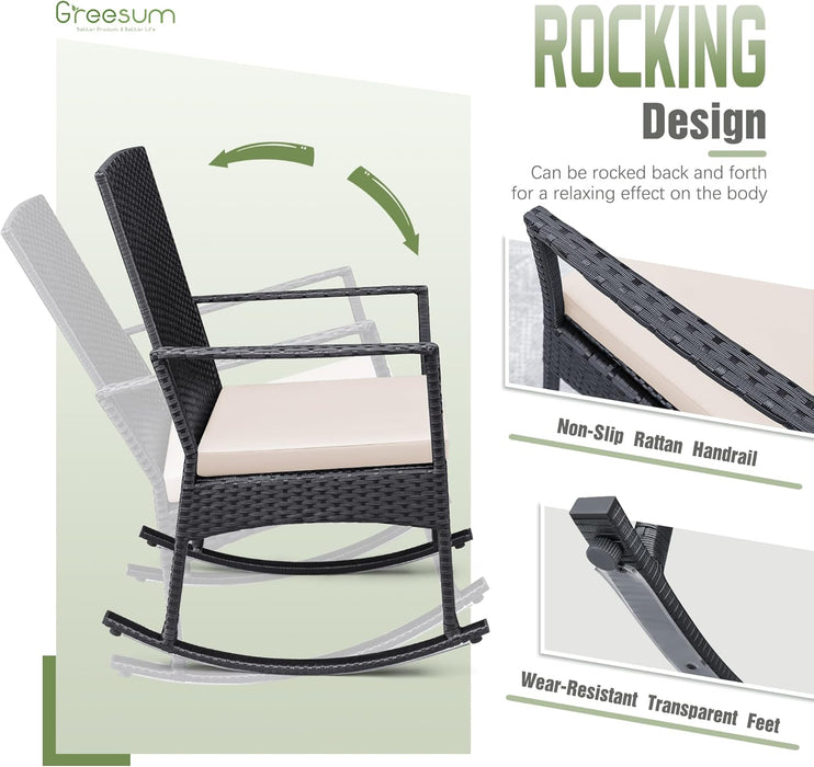 3 Pieces Patio Furniture Set Outdoor Wicker Rocking Chairs with Glass Coffee Table for Garden Backyard Porch Poolside, Beige