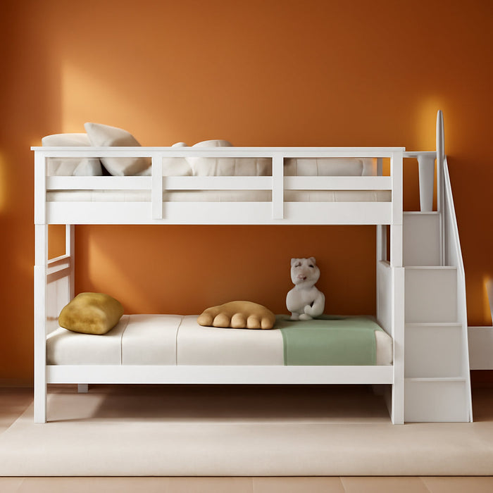 Twin over Twin Bunk Bed with Stairs, Solid Wood Bunk Bed Frame with Storage for Kids Teens Adults Bedroom Dorm - White