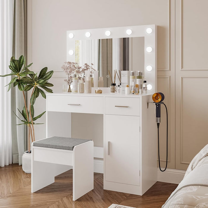 Vanity, Vanity Desk with Mirror, Large Drawer and Power Socket with 11 Light Bulbs and 3 Adjustable Lighting Modes, Vanity Table Ideal for Bedroom (White)