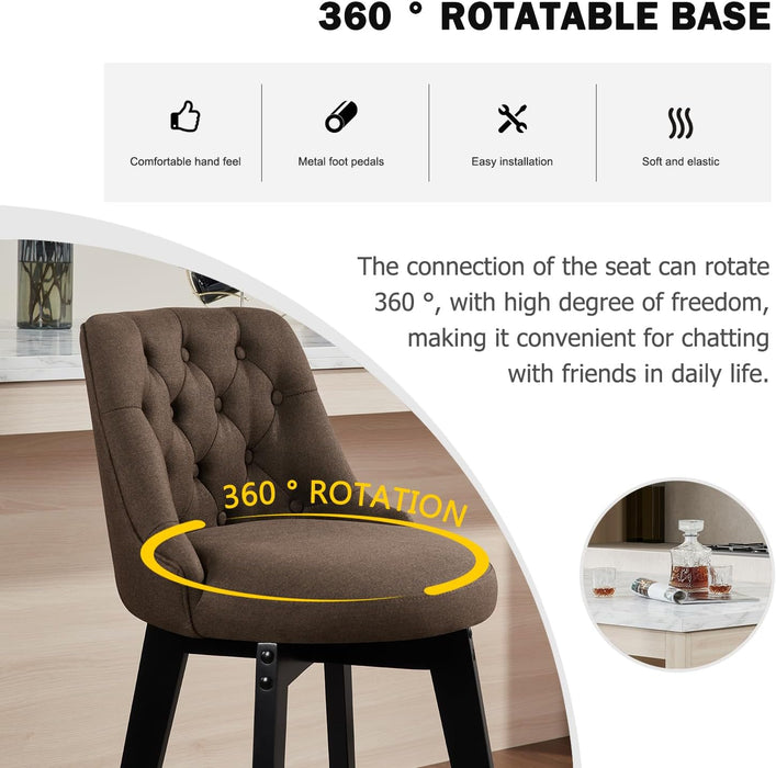 Bar Stools Set of 2, Swivel Barstools with Backs and Wood Legs, 27" Linen Fabric Upholstered Bar Chairs for Kitchen Island, Dining, Cafe, Pub（Sepia）