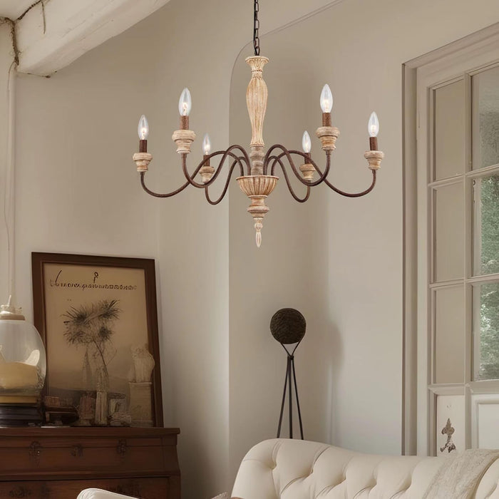 French Country Six Light Distressed Wood Chandelier