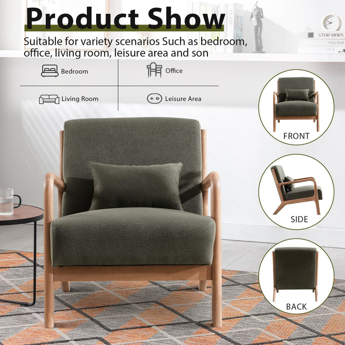 Mid Century Modern Accent Chair with Wood Frame, Upholstered Living Room Chairs with Waist Cushion, Reading Armchair for Bedroom Sunroom (Green)