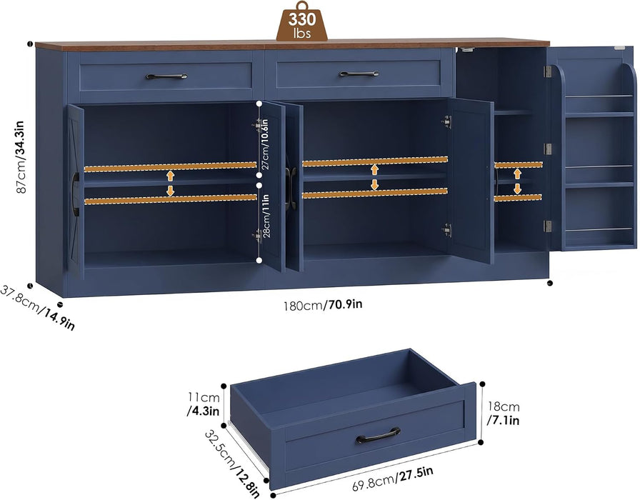71” Large Sideboard Buffet Cabinet, Farmhouse Coffee Bar Cabinet (Blue)