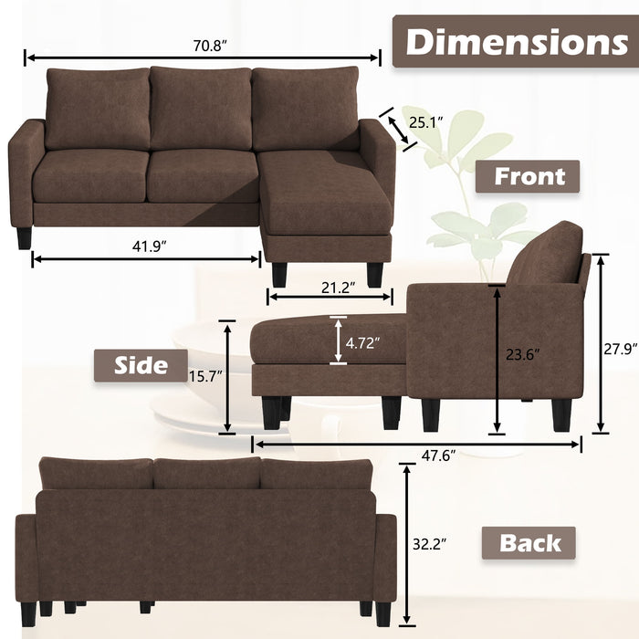 Convertible Sectional Sofa Couch, Modern Linen Fabric L-Shaped Couch 3-Seat Sofa Sectional with Reversible Chaise for Small Living Room, Apartment and Small Space, Brown