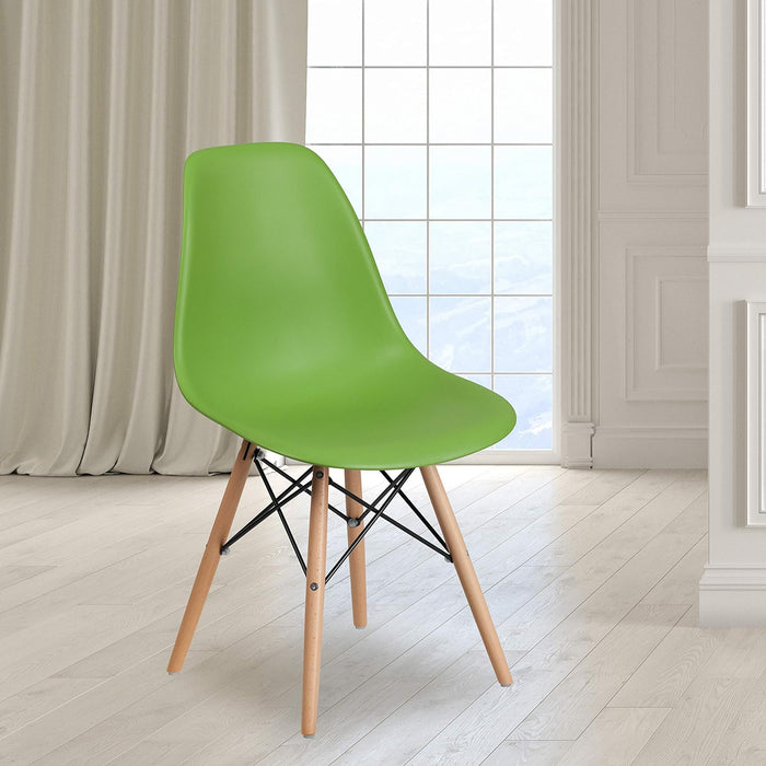 Elon Series Green Plastic Chair with Wooden Legs, 22.5"D X 18.25"W X 31.5"H