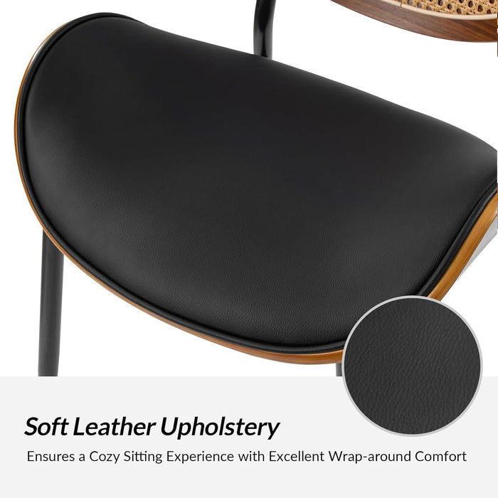 Dining Chairs Rattan Backrest Set of 2, Modern Leather Side Chairs with Metal Legs, Comfy for Living Room/Kitchen, Black