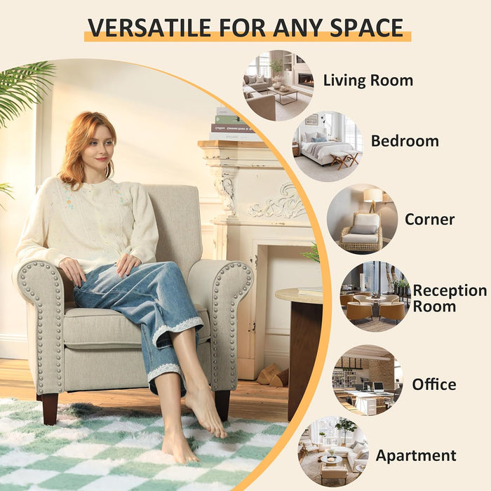 Comfy Accent Chair, Mid-Century Modern Fabric Living Room Chair Reading Chair with Soft Cushion, Nailhead Trim & Rolled Armrest, Arm Chair Sofa Chairs for Bedroom Waiting Room Office, Beige