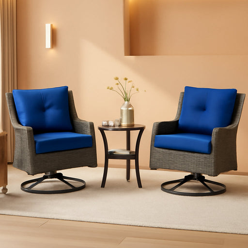 Patio Furniture Sets, 3 Pieces Wicker Outdoor Furniture - 360 Degree Swivel Rocking Chairs and Rattan Side Table for Garden,Porch,Backyard (Grey Wicker/Blue Cushion, 3PCS - Swivel Chairs)