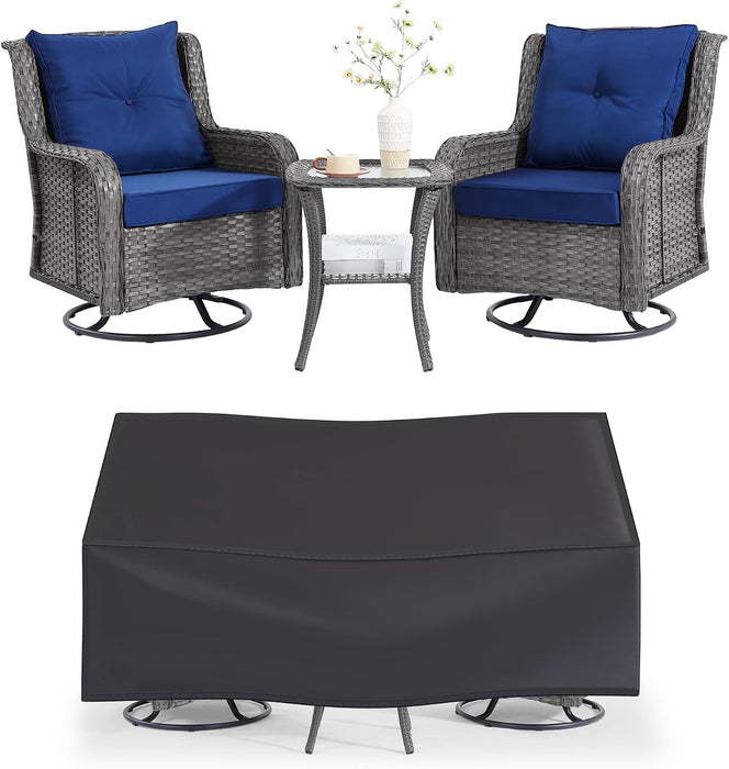 Patio Furniture Sets, 3 Pieces Wicker Outdoor Furniture - 360 Degree Swivel Rocking Chairs and Rattan Side Table for Garden,Porch,Backyard (Grey Wicker/Blue Cushion, 3PCS - Swivel Chairs)